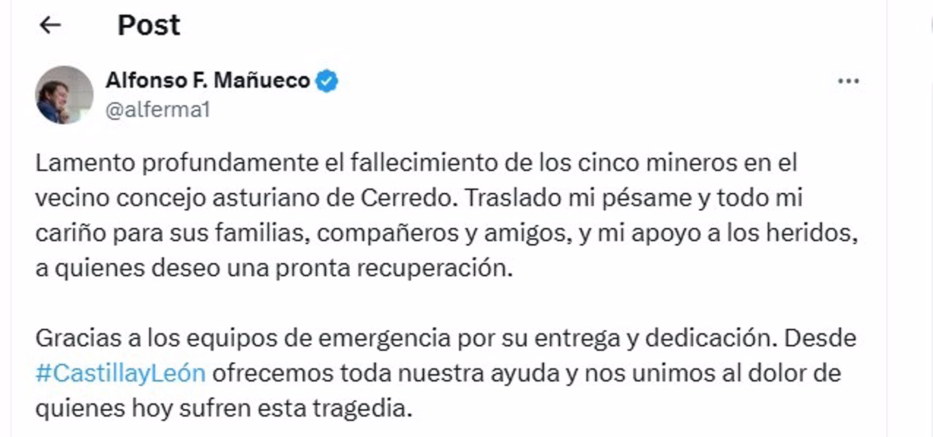 Fernández Mañueco lamenta «profundamente» el fallecimiento de cinco mineros en Cerredo (Asturias)