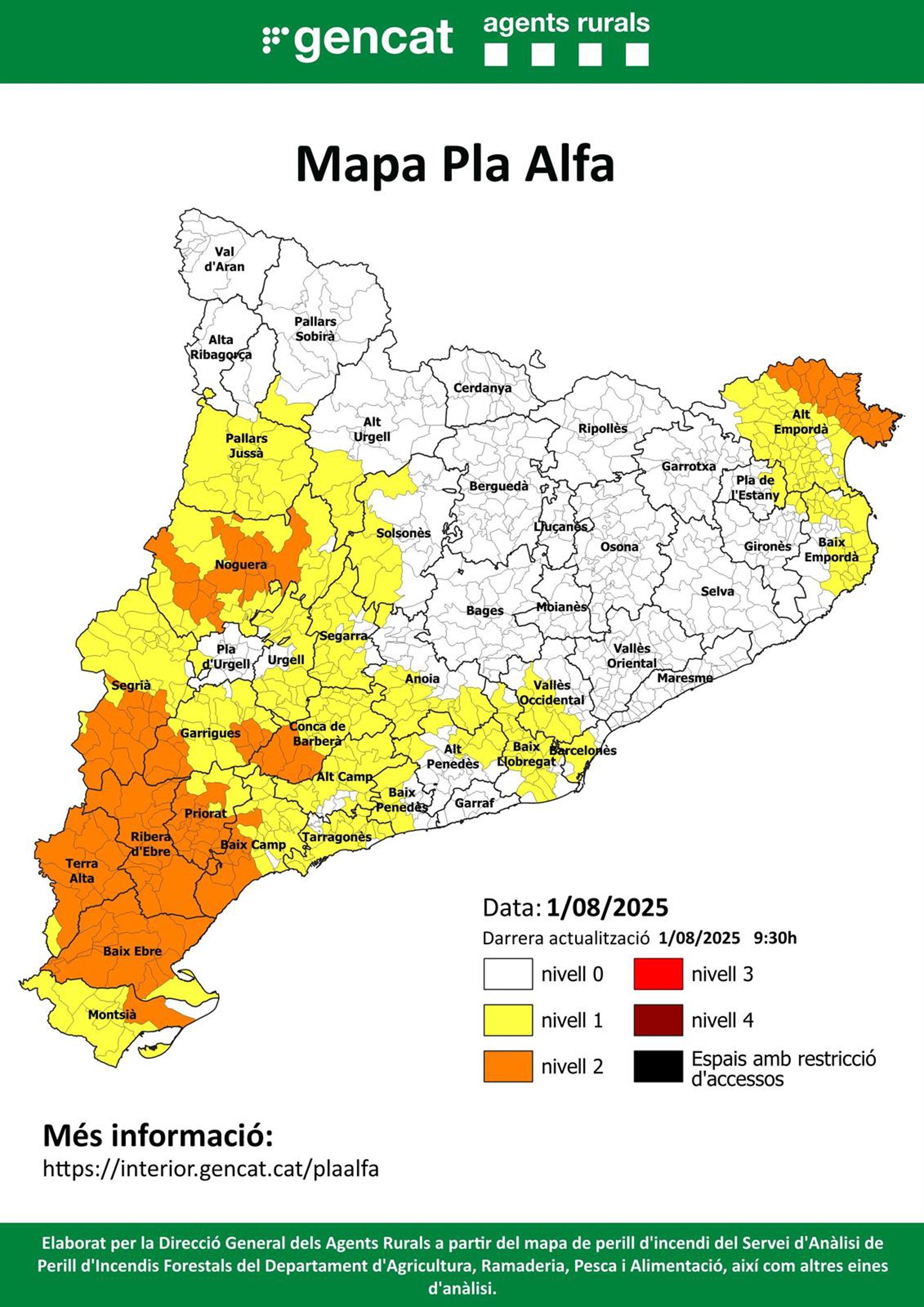 Catalunya baja al nivel 2 del Plan Alfa por peligro alto de incendio forestal