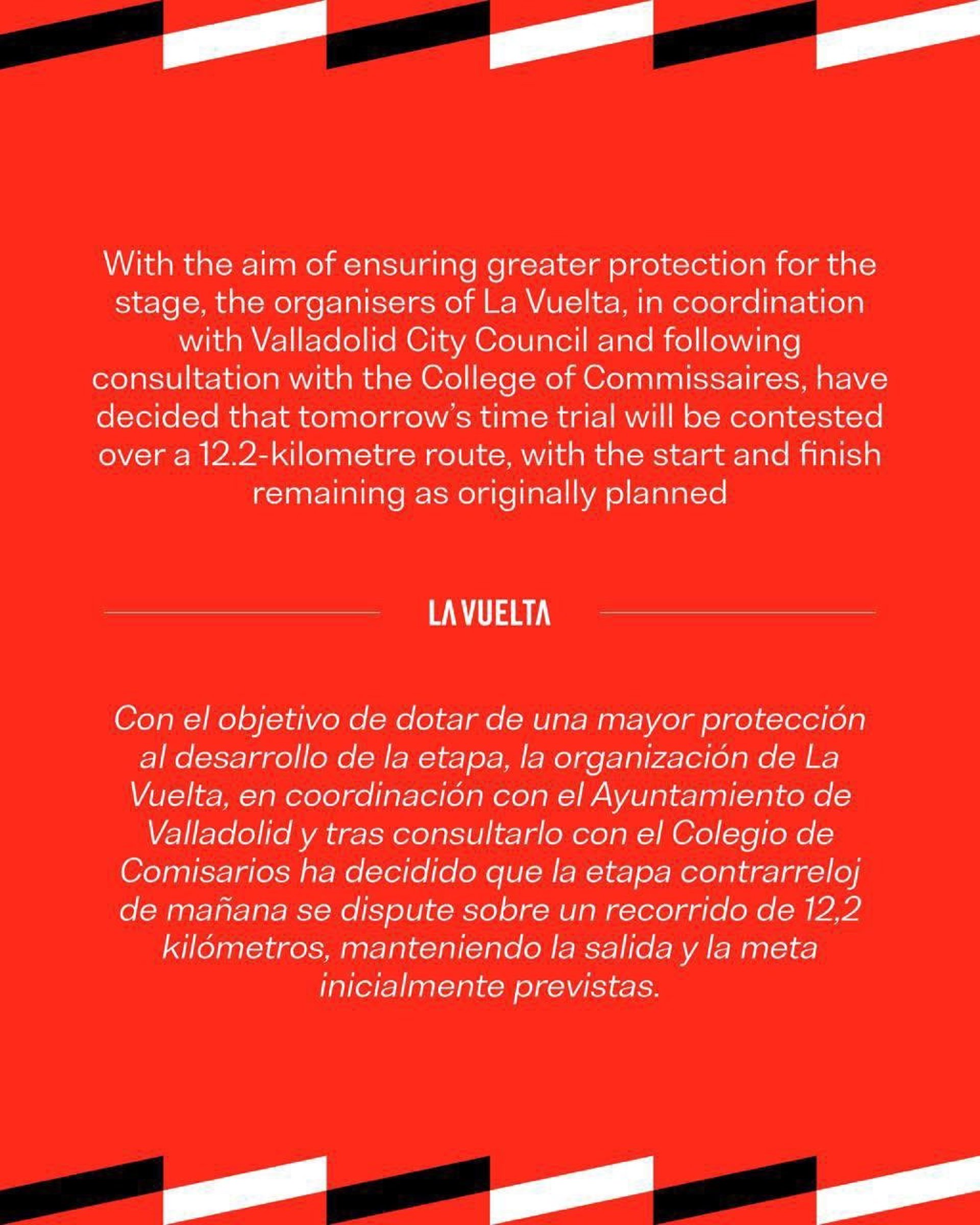 La Vuelta reduce a 12,2 kilómetros la crono de Valladolid para dotar de «mayor protección» al desarrollo de la etapa