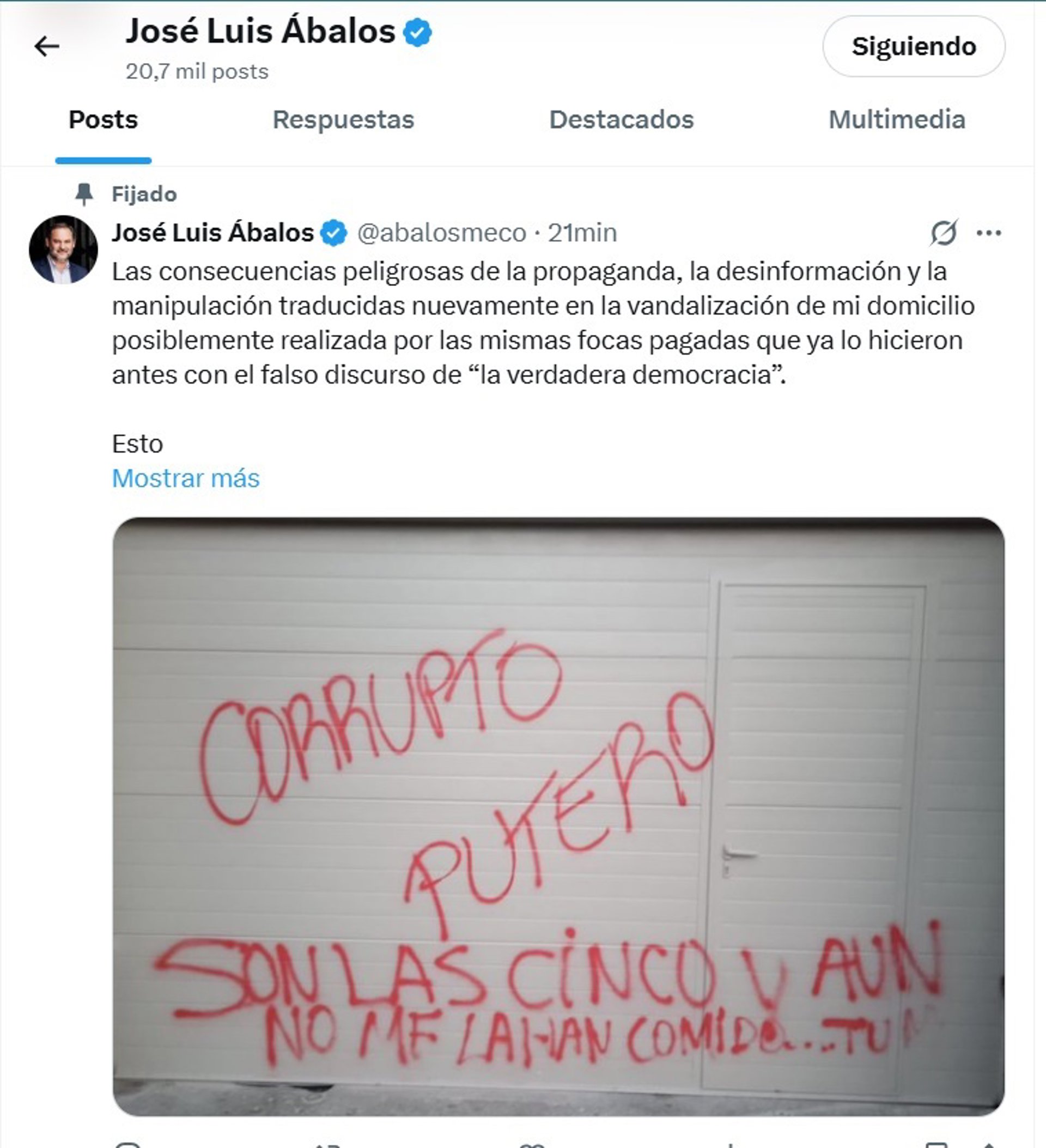 Ábalos denuncia pintadas insultantes en su domicilio y avisa a las autoridades de que mañana le puede pasar a otro