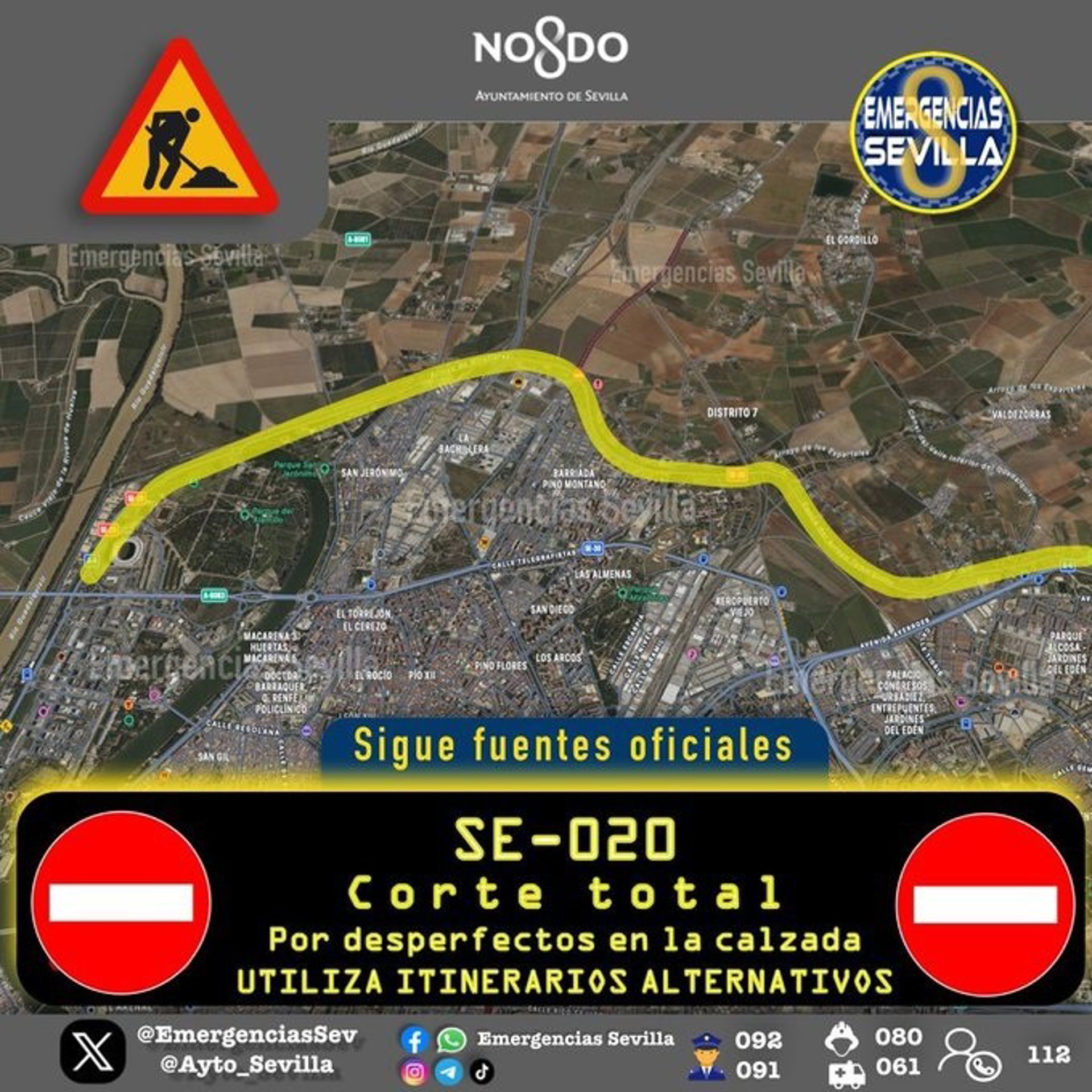 Corte total del tráfico en la SE-020 por inundaciones y daños en la calzada por la borrasca Joseph