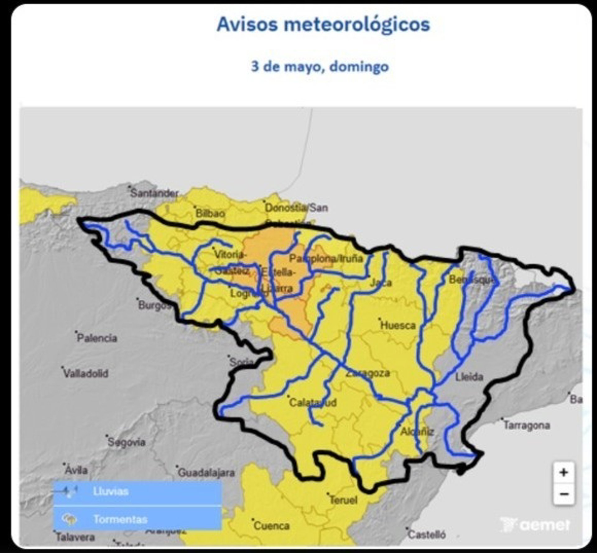 La CHE advierte de posibles «crecidas súbitas» en barrancos y cauces menores en buena parte de la Cuenca del Ebro